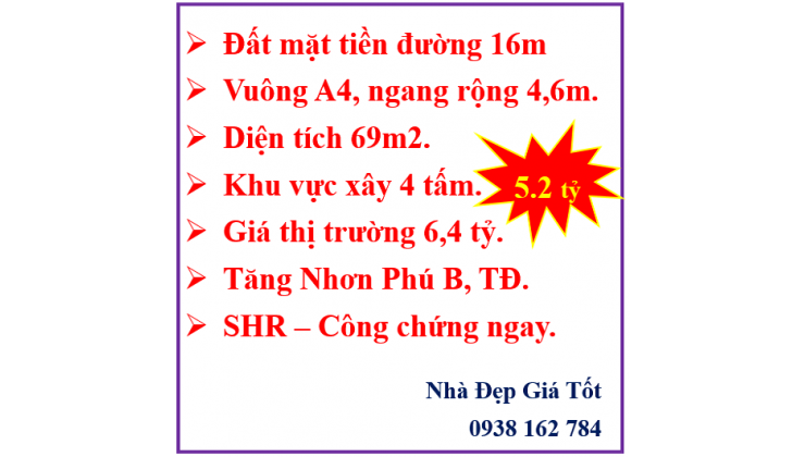 69m2-Đất mặt tiền KD- Tăng Nhơn Phú B-TĐ- Đường 16m-Chỉ 5.2 tỷ.